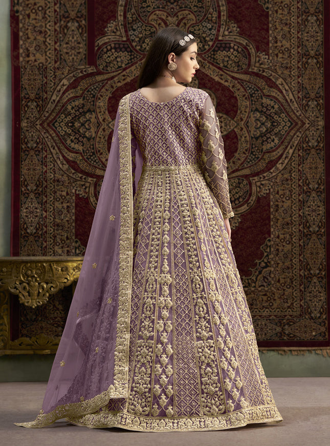 mauve sequins embroidered net anarkali suit