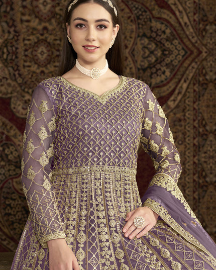 mauve sequins embroidered net anarkali suit