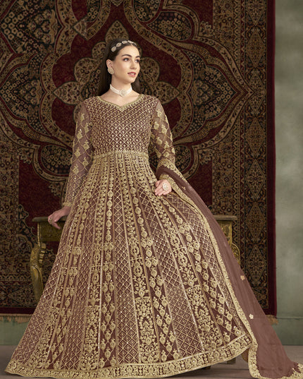 old rose sequins embroidered net anarkali suit