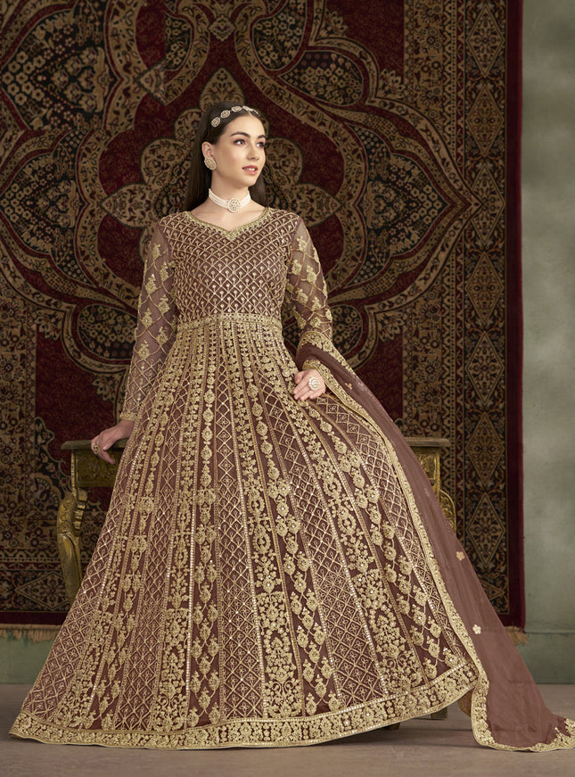 old rose sequins embroidered net anarkali suit