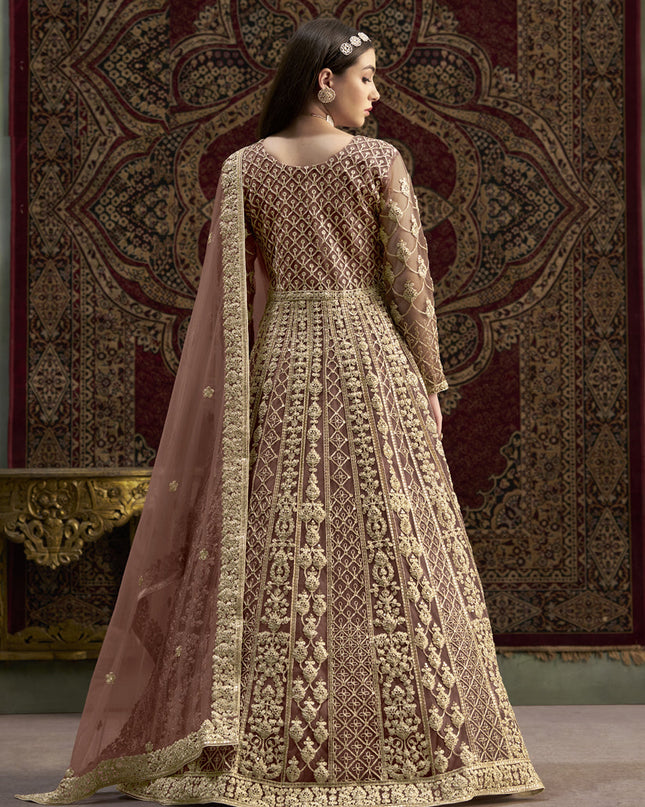 old rose sequins embroidered net anarkali suit