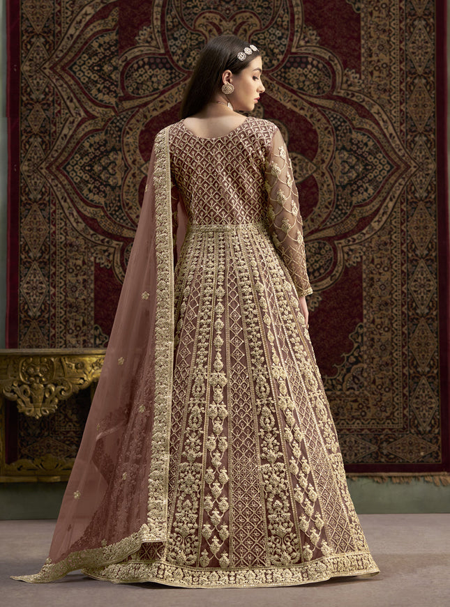 old rose sequins embroidered net anarkali suit
