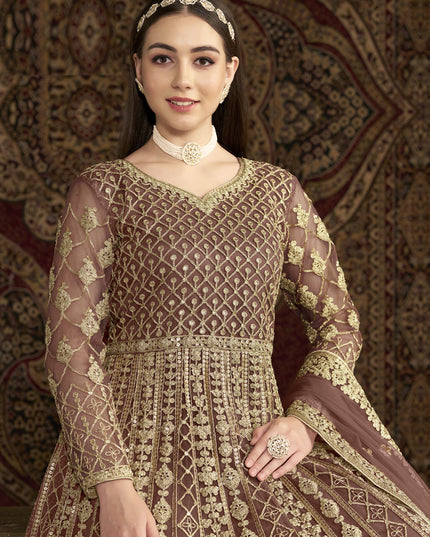 old rose sequins embroidered net anarkali suit