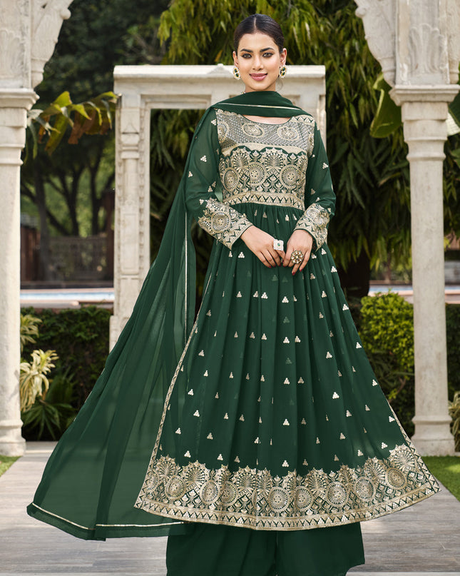 Bottle Green Georgette Sequins Embroidered Palazzo Kameez