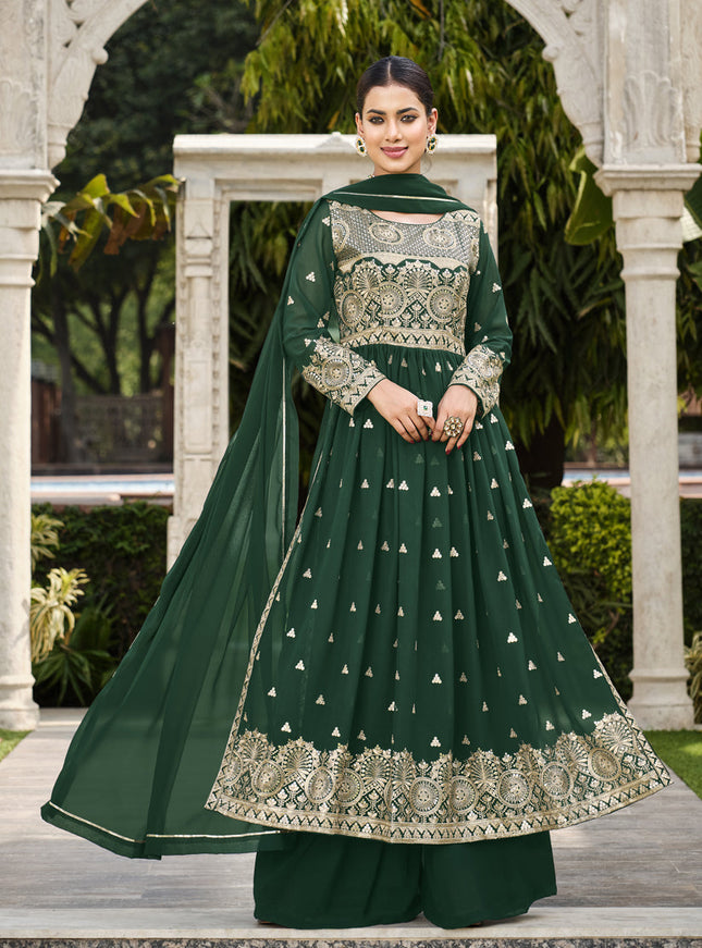 Bottle Green Georgette Sequins Embroidered Palazzo Kameez
