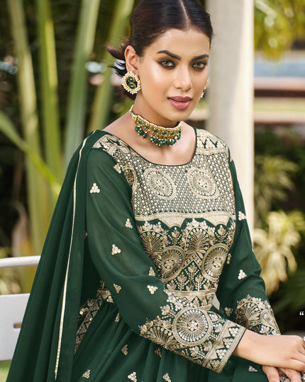 Bottle Green Georgette Sequins Embroidered Palazzo Kameez