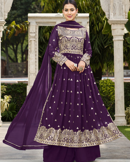 Plum Georgette Sequins Embroidered Palazzo Kameez