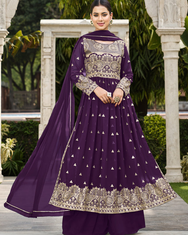 Plum Georgette Sequins Embroidered Palazzo Kameez