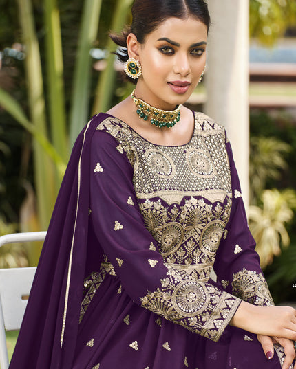 Plum Georgette Sequins Embroidered Palazzo Kameez
