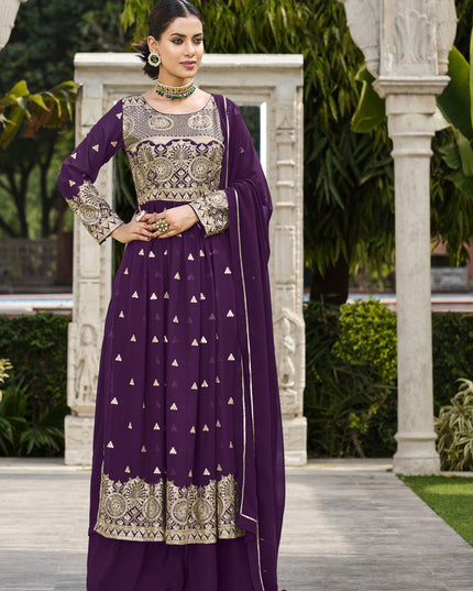 Plum Georgette Sequins Embroidered Palazzo Kameez