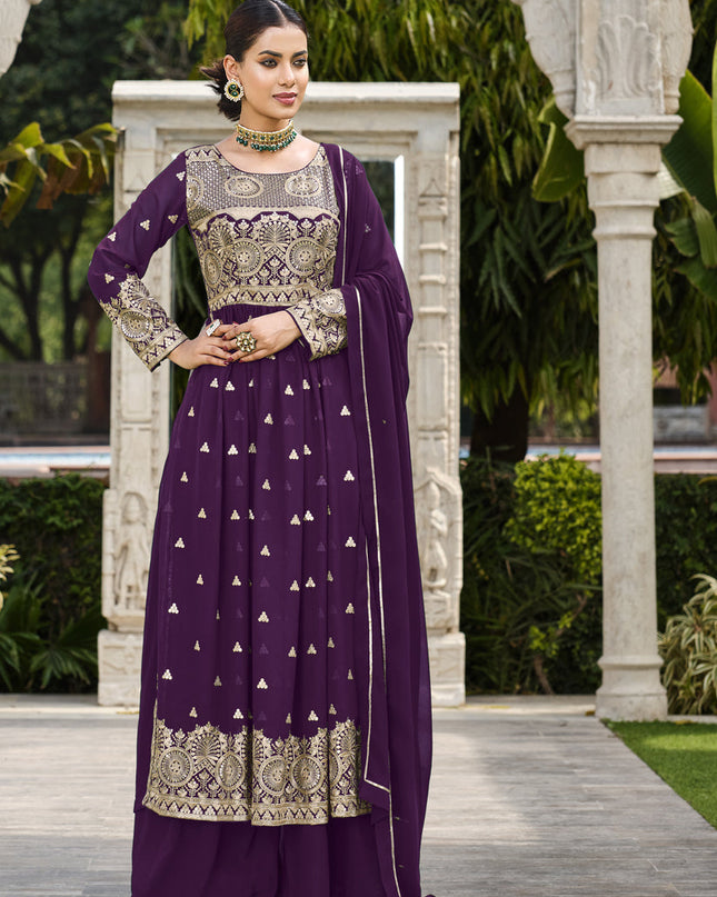 Plum Georgette Sequins Embroidered Palazzo Kameez