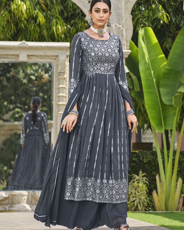 Slate Grey Georgette Sequins Embroidered Palazzo Kameez