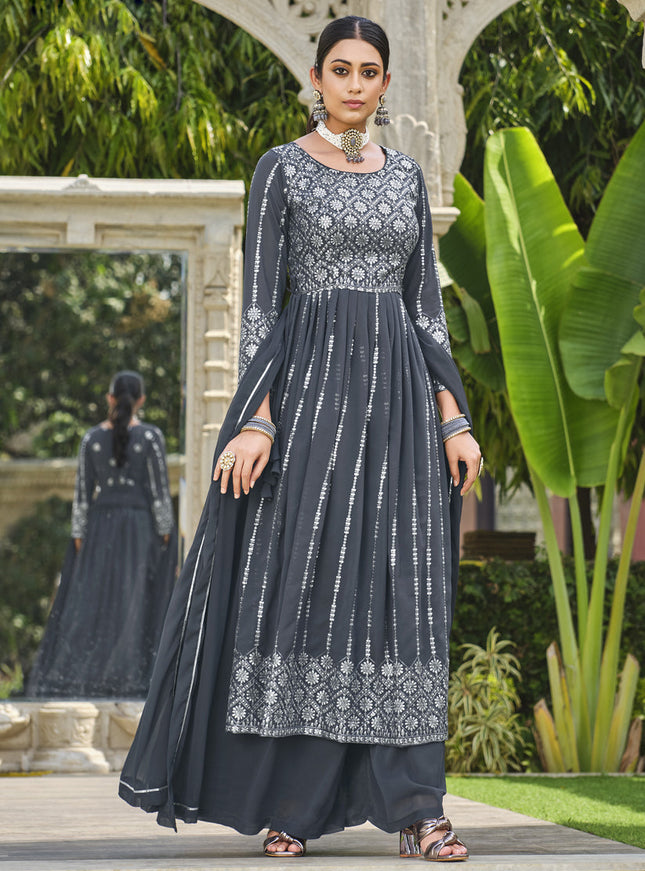 Slate Grey Georgette Sequins Embroidered Palazzo Kameez