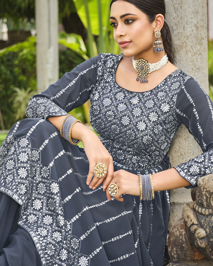 Slate Grey Georgette Sequins Embroidered Palazzo Kameez