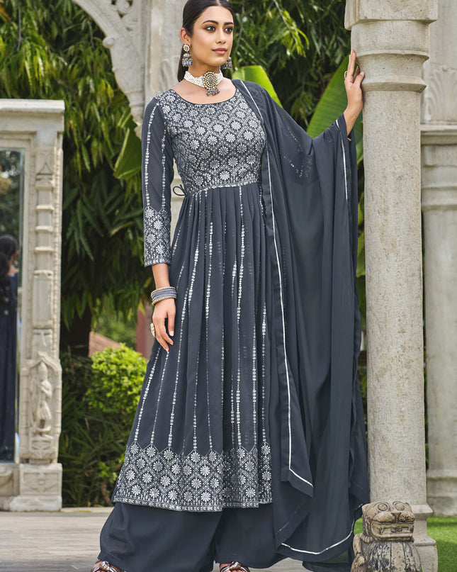 Slate Grey Georgette Sequins Embroidered Palazzo Kameez