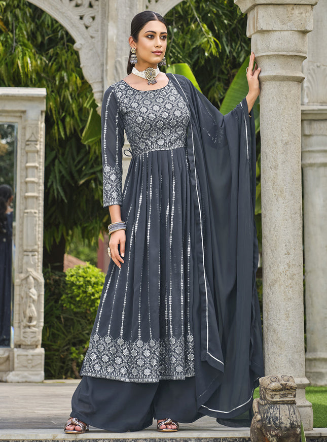 Slate Grey Georgette Sequins Embroidered Palazzo Kameez