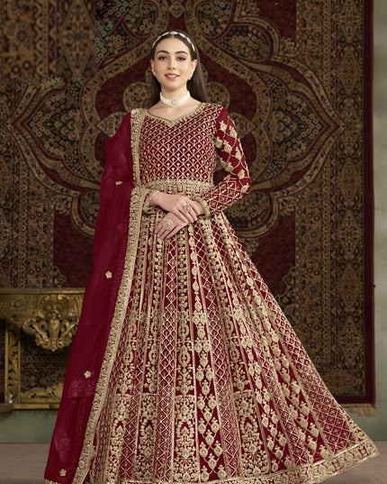 maroon havy embroidered net anarkali suit for festival