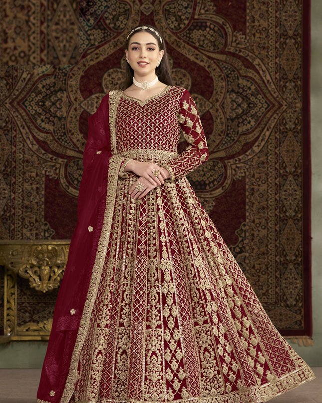 maroon havy embroidered net anarkali suit for festival