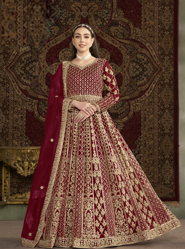maroon havy embroidered net anarkali suit for festival
