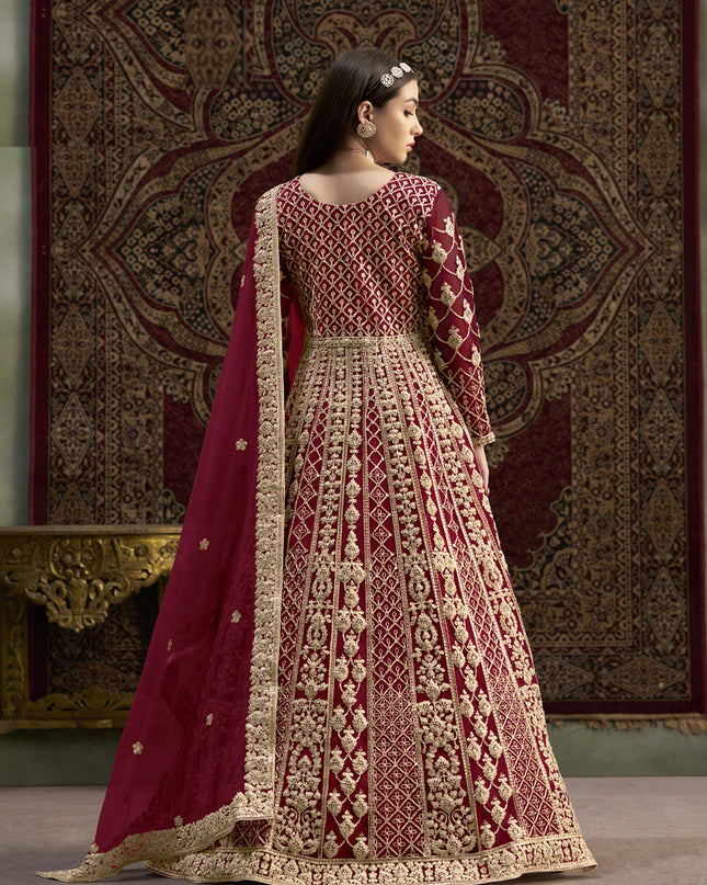 maroon havy embroidered net anarkali suit for festival