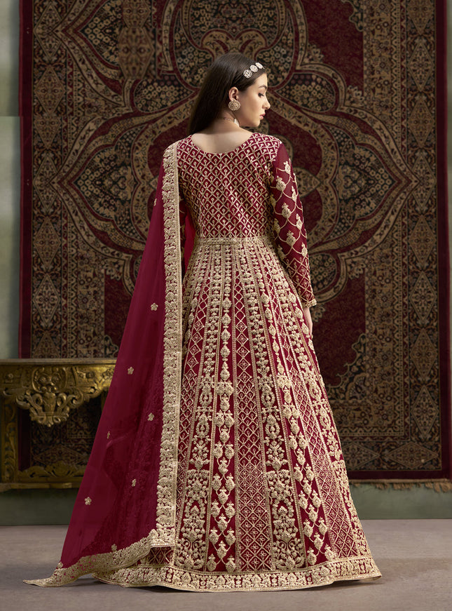 maroon havy embroidered net anarkali suit for festival