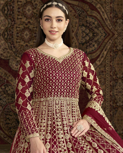 maroon havy embroidered net anarkali suit for festival