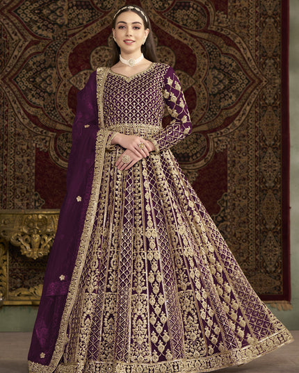 wine havy embroidered net anarkali suit for festival