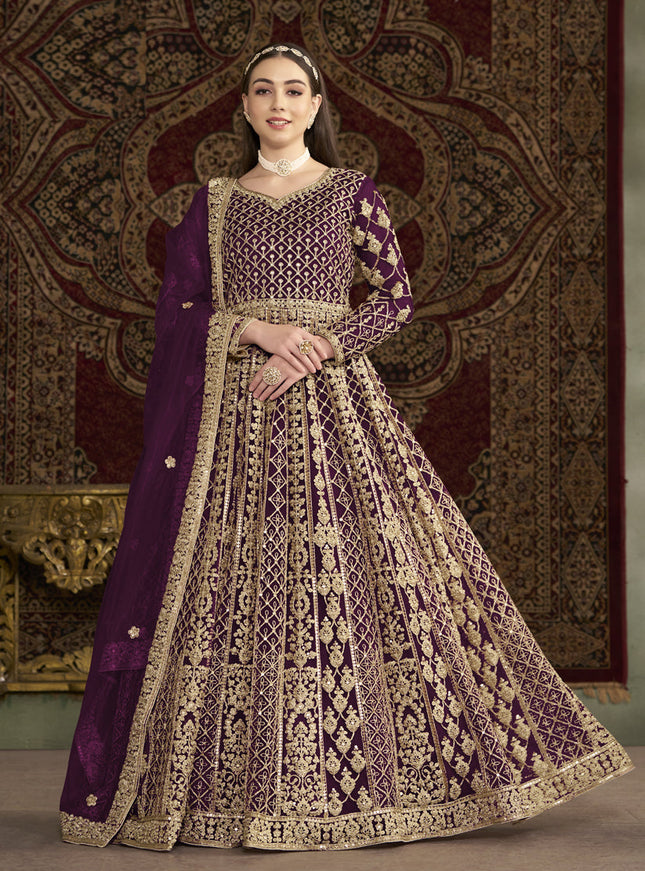 wine havy embroidered net anarkali suit for festival