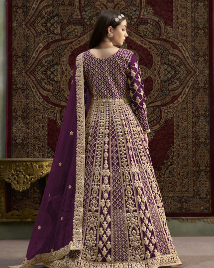 wine havy embroidered net anarkali suit for festival