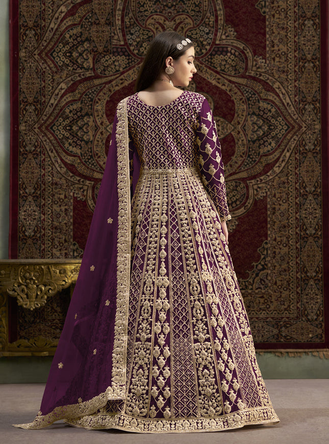 wine havy embroidered net anarkali suit for festival