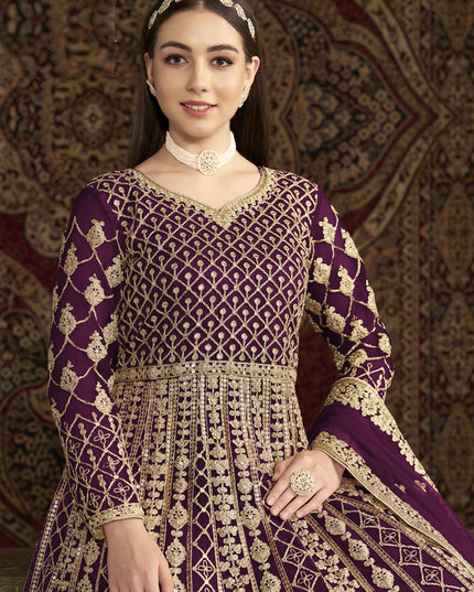 wine havy embroidered net anarkali suit for festival