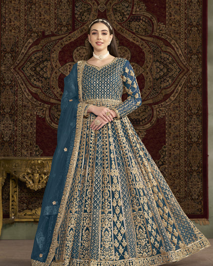 prussian blue havy embroidered net anarkali suit for festival