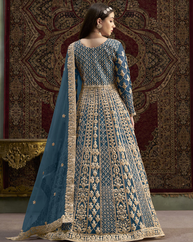 prussian blue havy embroidered net anarkali suit for festival