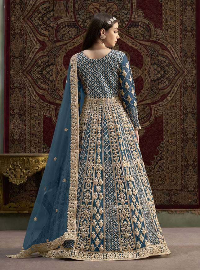 prussian blue havy embroidered net anarkali suit for festival