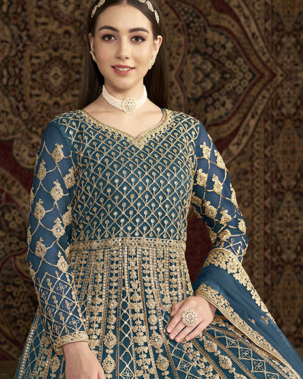 prussian blue havy embroidered net anarkali suit for festival
