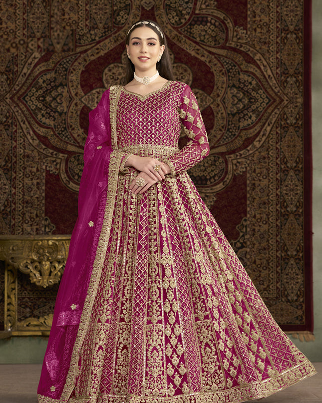 magenta havy embroidered net anarkali suit for festival