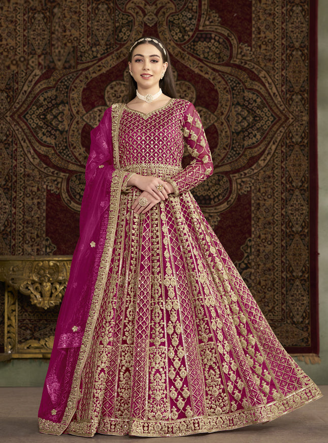 magenta havy embroidered net anarkali suit for festival