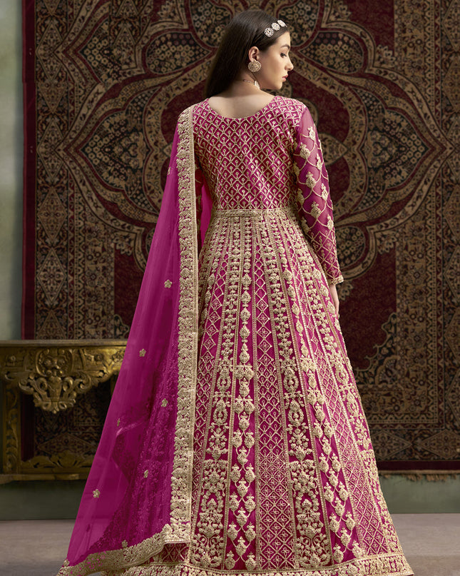 magenta havy embroidered net anarkali suit for festival
