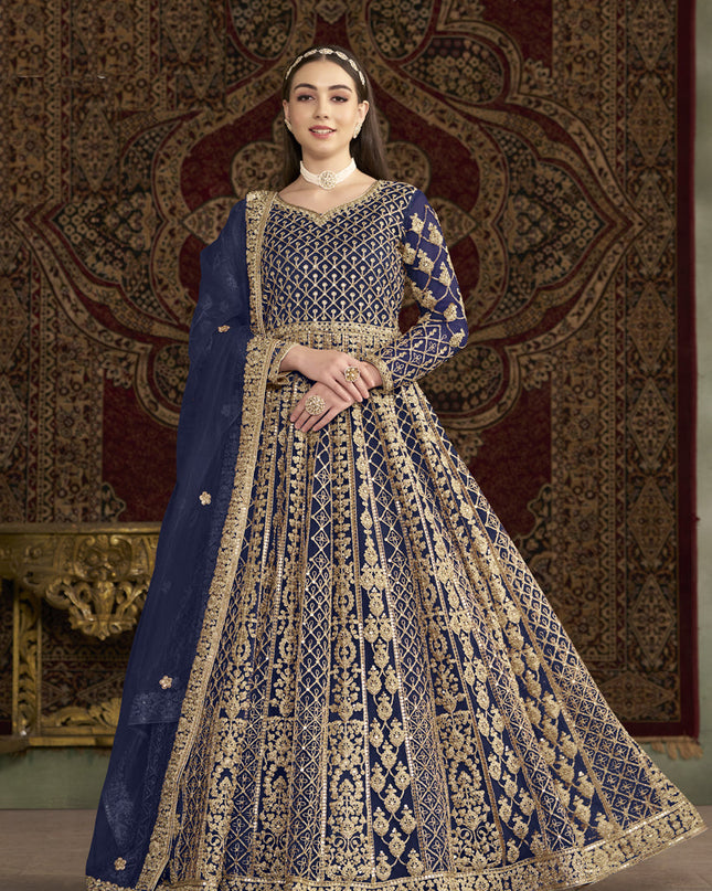 navy blue havy embroidered net anarkali suit for festival