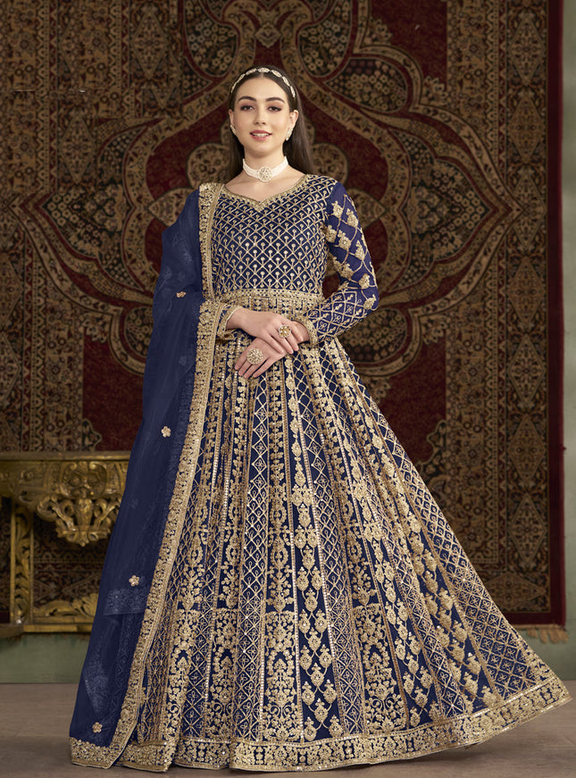navy blue havy embroidered net anarkali suit for festival
