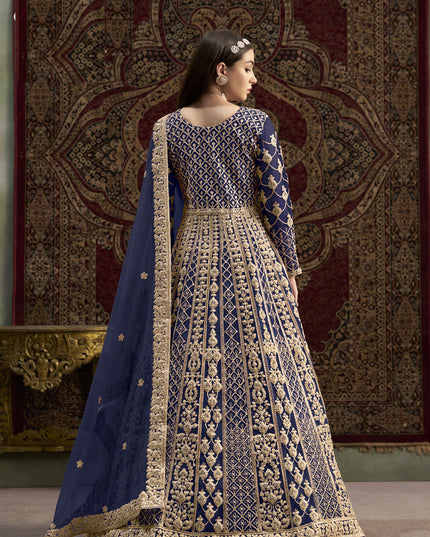 navy blue havy embroidered net anarkali suit for festival