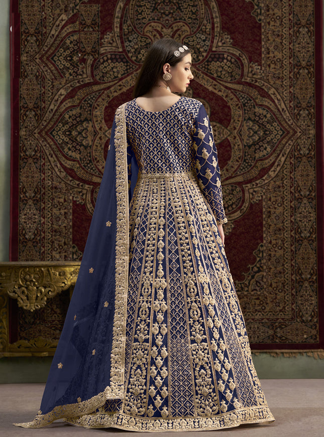 navy blue havy embroidered net anarkali suit for festival