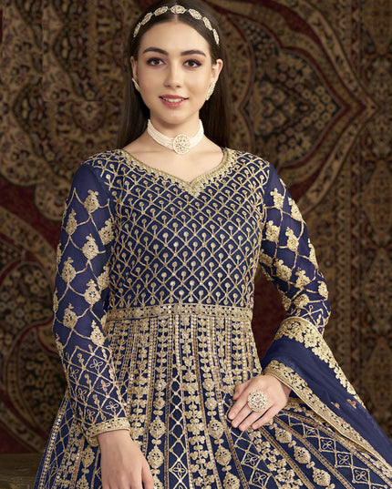navy blue havy embroidered net anarkali suit for festival