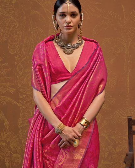 Rani Pink Silk Handloom Weaving Saree For Festival