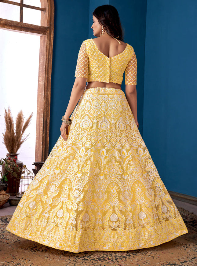 Lemon Yellow Net Embroidered  Wedding Wear Lehenga Choli