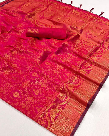 Rani Pink Silk Handloom Weaving Saree For Festival