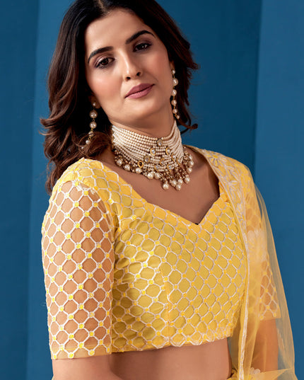 Lemon Yellow Net Embroidered  Wedding Wear Lehenga Choli