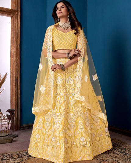Lemon Yellow Net Embroidered  Wedding Wear Lehenga Choli