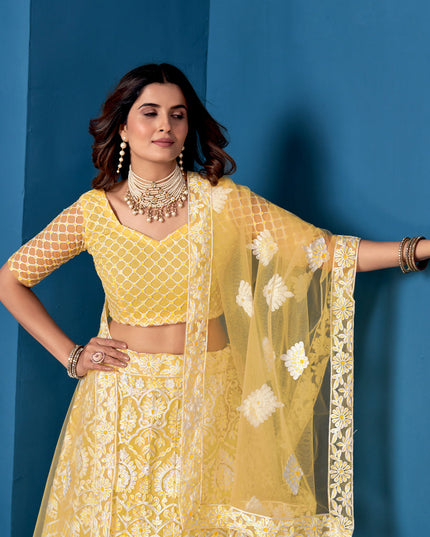 Lemon Yellow Net Embroidered  Wedding Wear Lehenga Choli