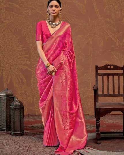 Rani Pink Silk Handloom Weaving Saree For Festival